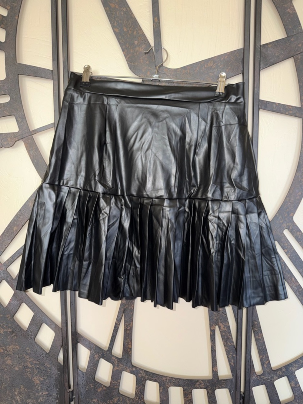 Black Pleated Faux Leather Mini Skirt